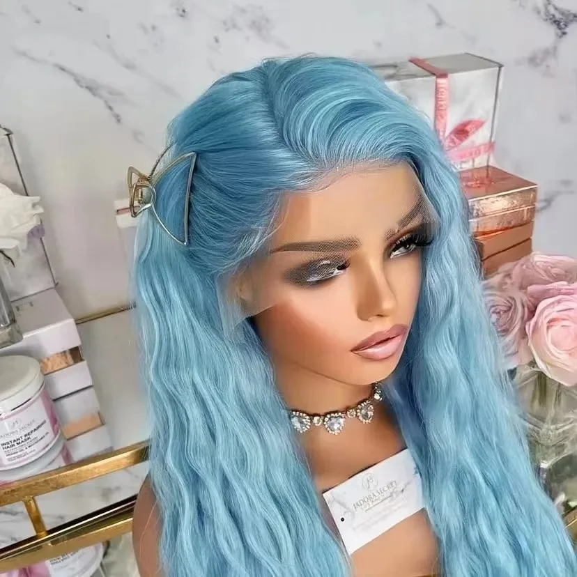 Light Blue Wig Loose Deep Wave Lace Front Wig 13X4 HD Free Part Synthetic Water Wave Heat Resistant Halloween Party Wear Cosplay
