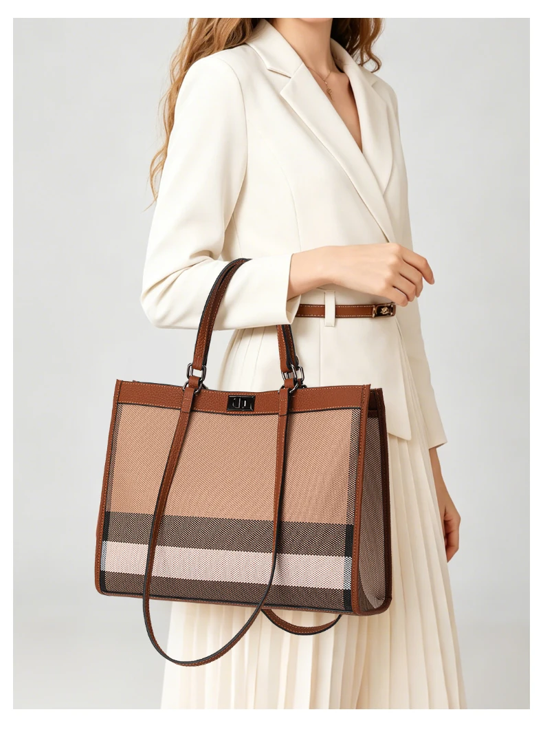 Vintage Karierte Canvas-Leder-Kombination Tragetasche Damen Handtasche mit Verschluss Große Kapazität Schultertasche für Alltag Arbeit Reise – Detail 2
