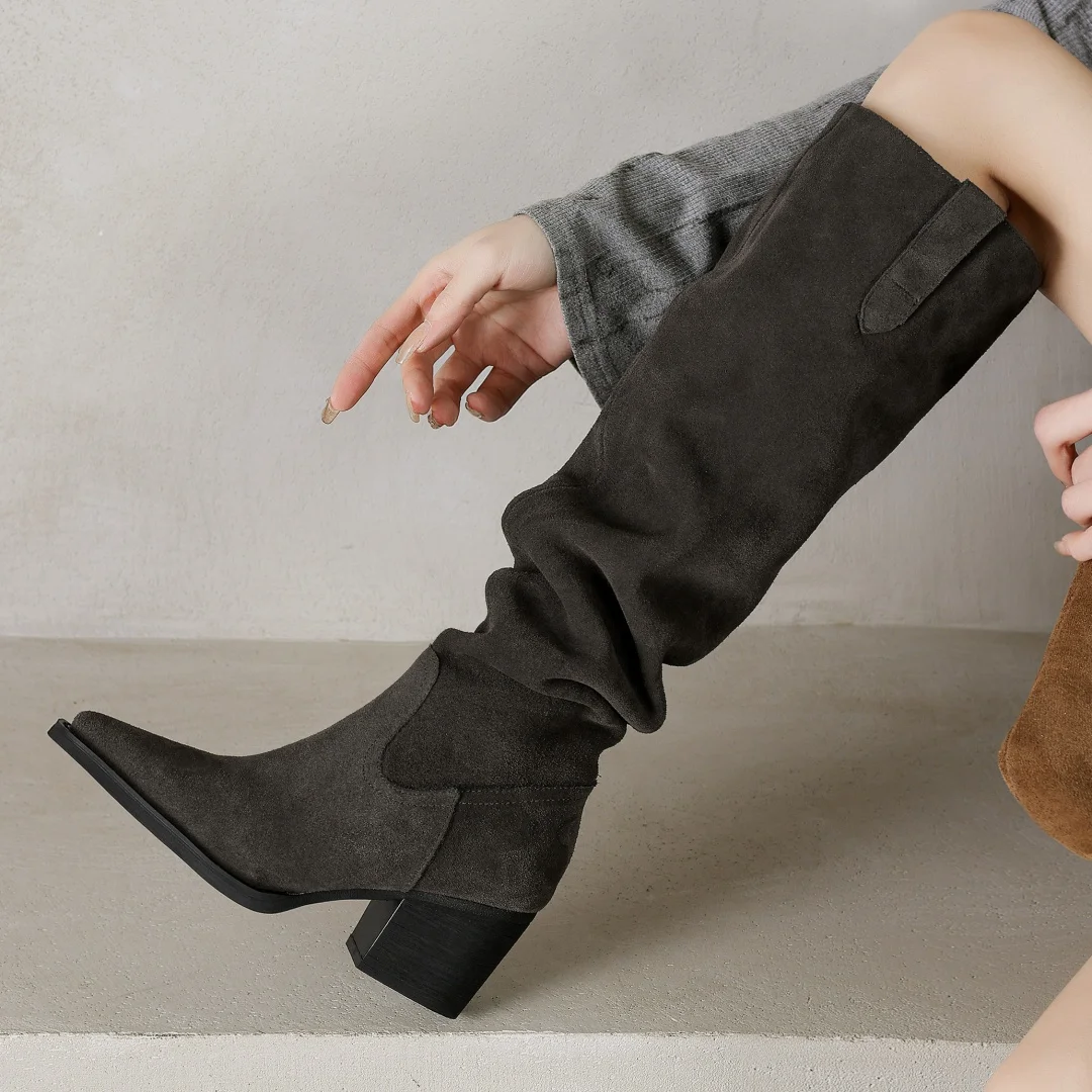 

Women's natural suede leather 6cm thick high heel pointed toe slip-on autumn knee high boots elegant ladies pleated long boots