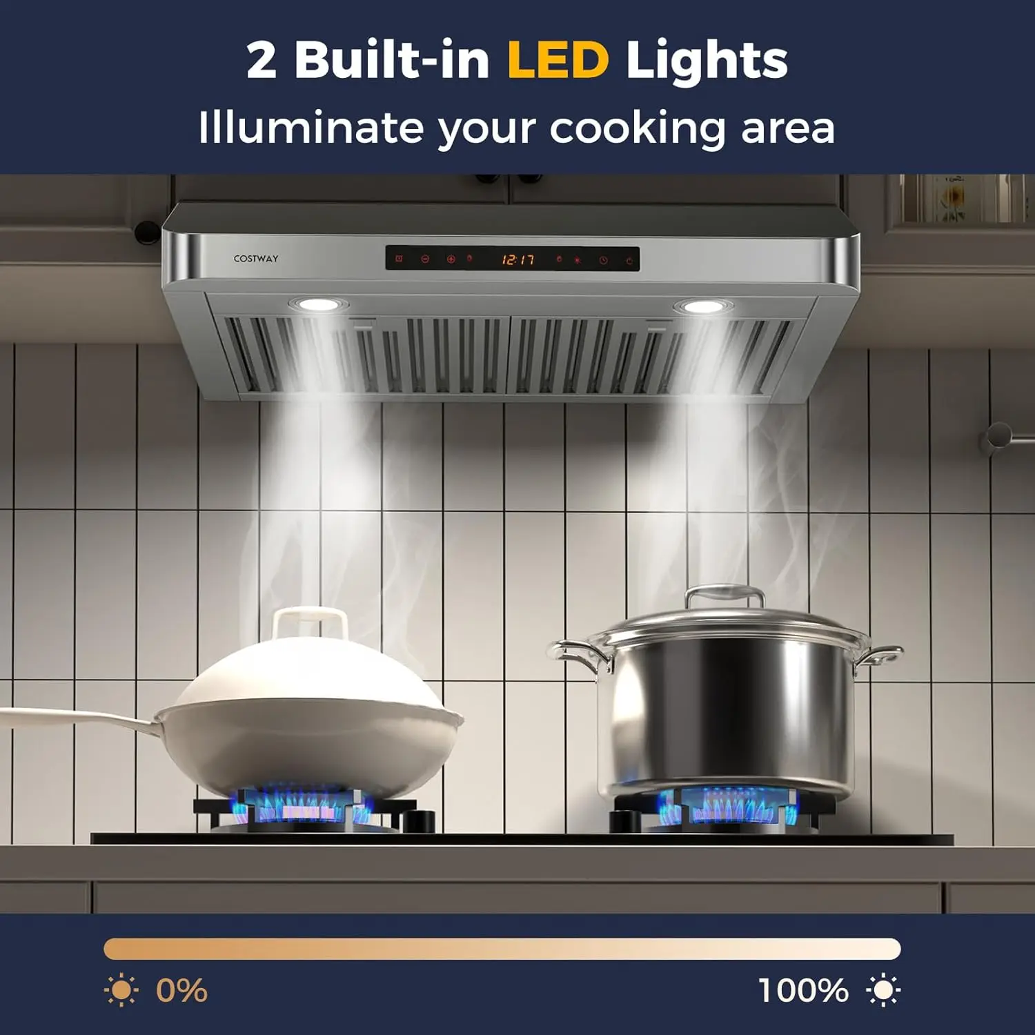 Campana extractora debajo del gabinete de 30 pulgadas, ventilación de cocina de 900 CFM con 4 velocidades, luces LED ajustables y configuración de tiempo, gesto/táctil