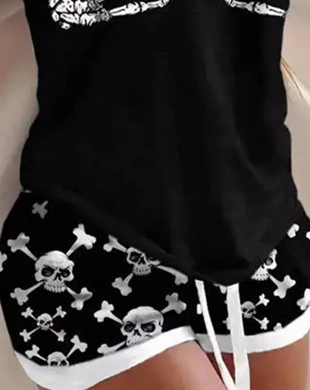 Conjunto de pijama de 2 piezas para mujer, Top sin mangas con cuello en U y cordón por encima de la rodilla, estampado de manos de calavera de