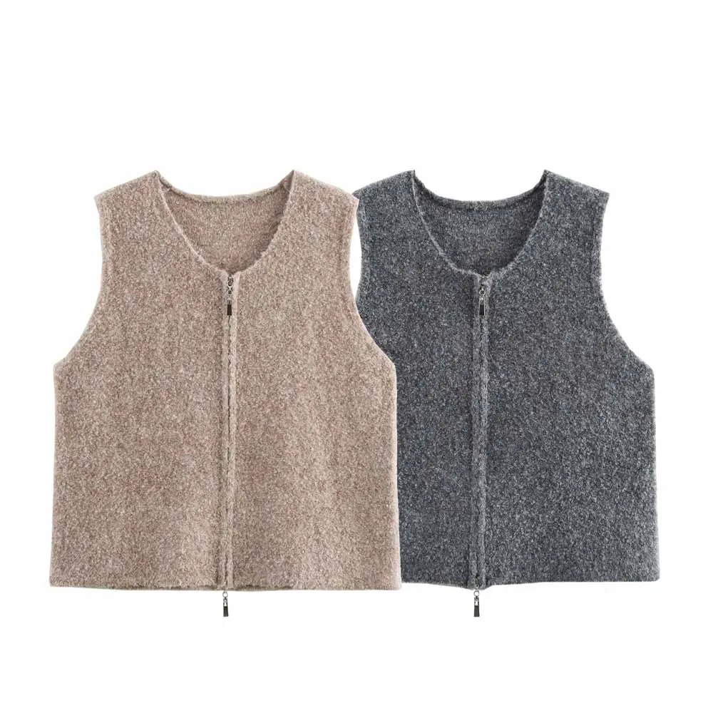

Zach Ailsa Women's Round Neck Double Zipper Sleeveless Knitted Sweater Spring New Solid Color Temperament Loose Vest
