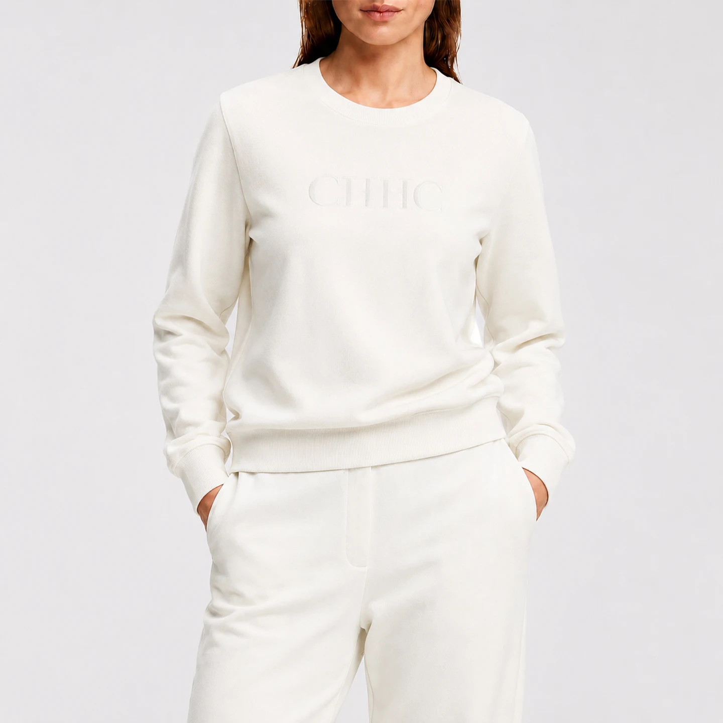 CH Damen Rundhals-Langarm-Sweatshirt mit Frontstickerei-Logo, Basic Casual Daily Wear, Weicher Fleece-Pullover – Detail 9