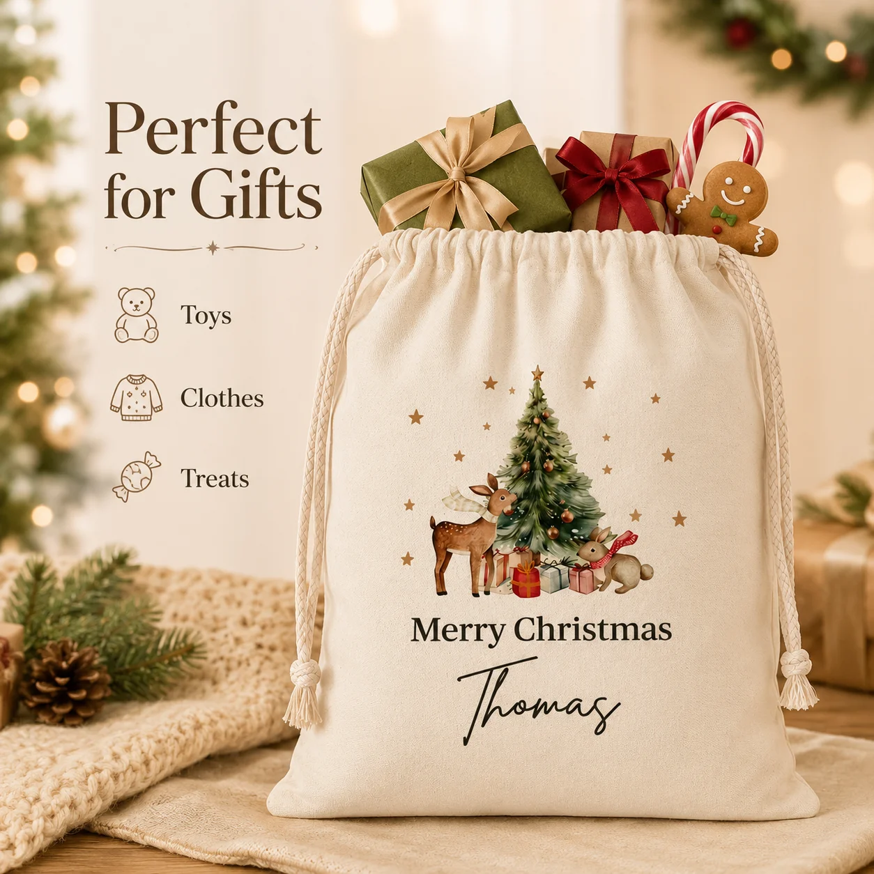 Custom Name Christmas Gift Sack, Personalized Reindeer Tree Drawstring Bag, Large Xmas Present Bag for Kids and Family
