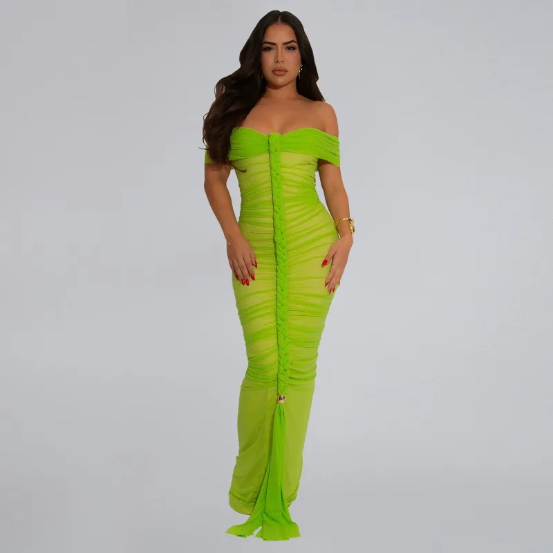 

KEXU Women Summer Braid Ruched Sleeveless Slash Neck Bodycon Long Maxi Dress 2025 Party Birthday Sweet Vestido Sexy Dresses