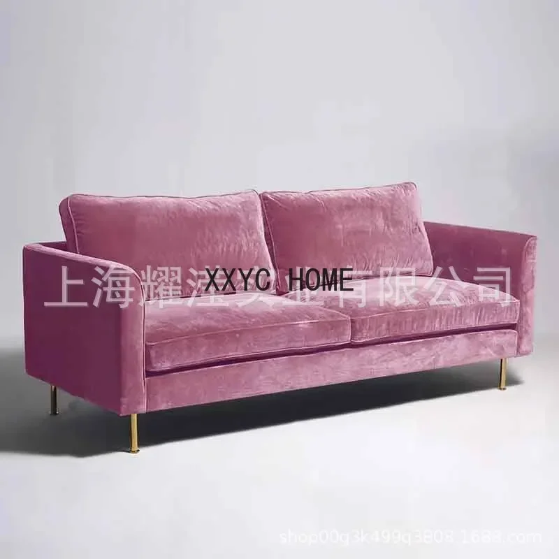 Pink velvet three-person leisure sofa