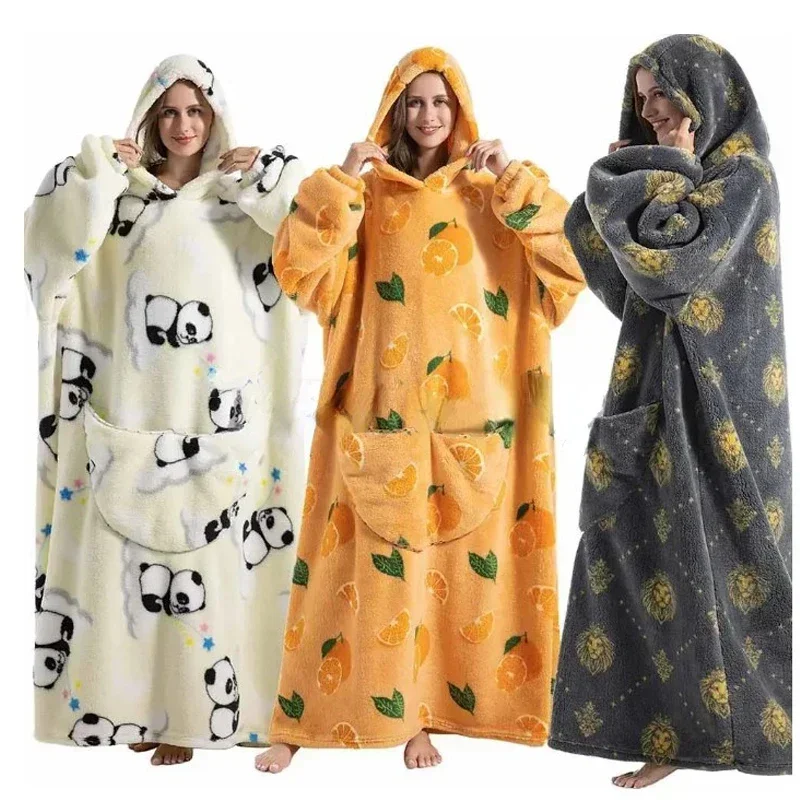 Extra Long Hoodies Winter Sherpa TV Blanket Plush Fleece Family Matching Outfits Sweatshirts Avocado Dinosaur Homewear Oversized