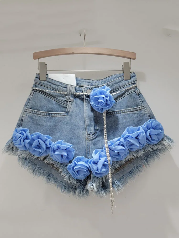 

Colorful Flower Tassel Raw Edge Denim Shorts Women's High Waist Loose Chain A-line Wide Leg Short Pant 2024 Summer X847