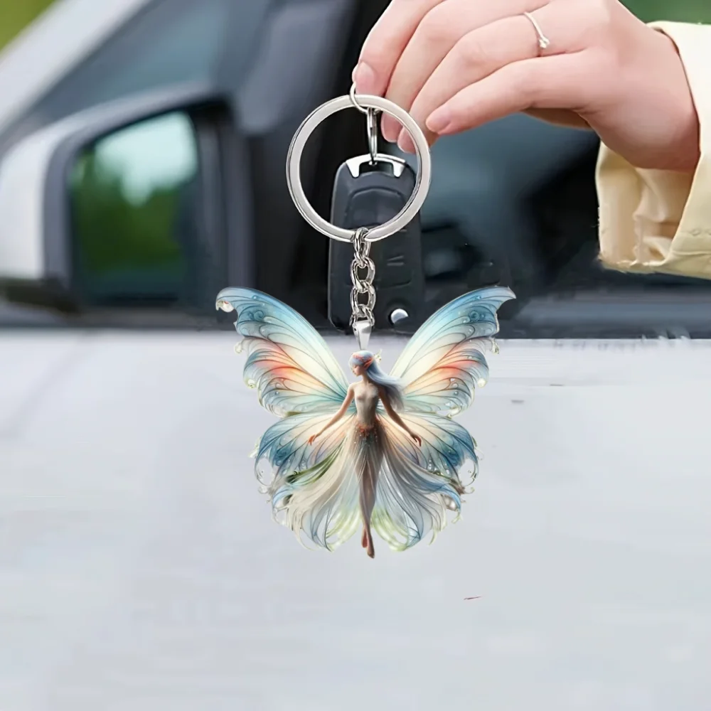 2D Butterfly Fairy Keychain Elf Pendant Acrylic Ornament Charms Hanging Christams Decoration for Car Bags Festive Party Gift