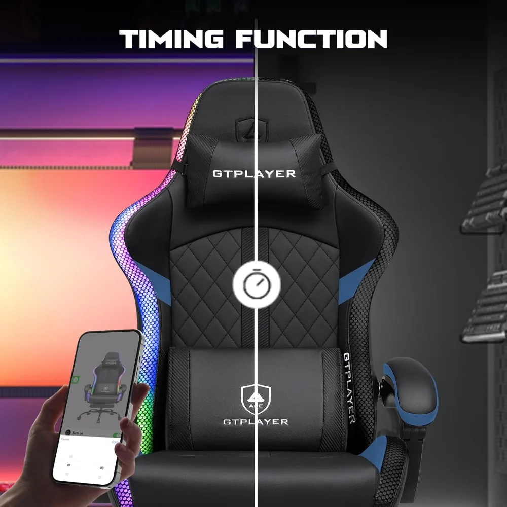 كرسي ألعاب RGB LED مع مسند للقدمين، كرسي كمبيوتر مستلق للبالغين، كرسي ألعاب كمبيوتر عالي الظهر مع لمسات مضيئة