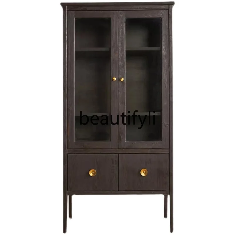 

Simple double-door dining side cabinet, high cabinet integrated against the wall solid wood locker