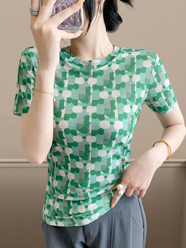 Slim Fit Ice Silk T-irt round Ne ort Sve Women's Faion Summer New Sle European oulder Line Printed Me Top