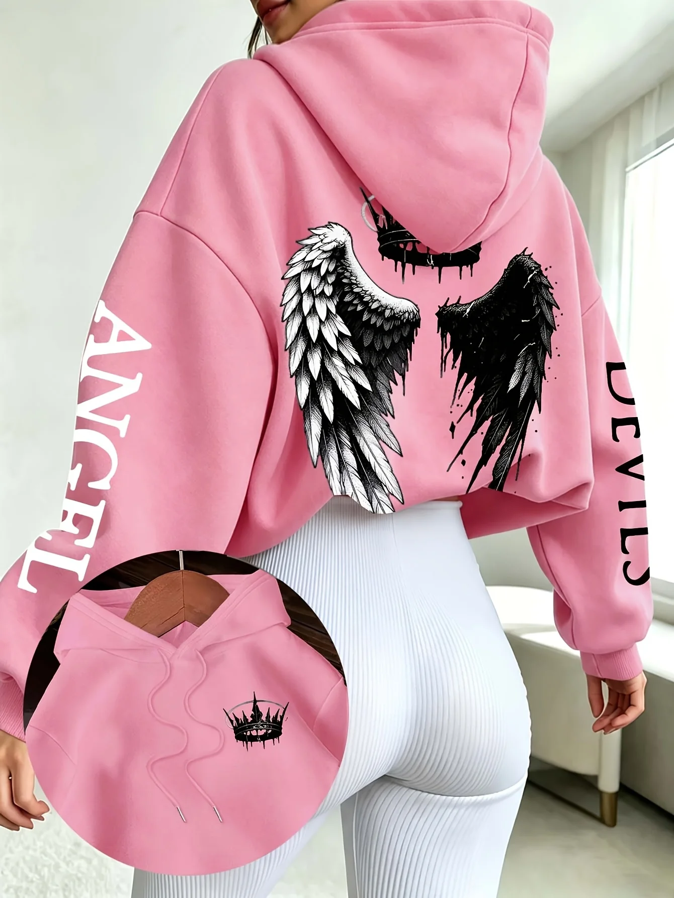 New ladies' angel and devil wing crown pattern print, sexy hot girl versatile loose hooded sweatshirt