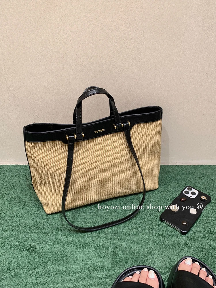 

Leather women's bag, grass woven tote bag, shoulder and underarm large-capacity bag.