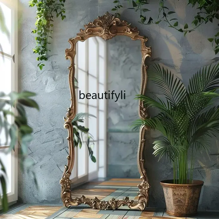 

French retro floor-standing full-length mirror entrance carved mirror European style living room special-shaped dressing mirror