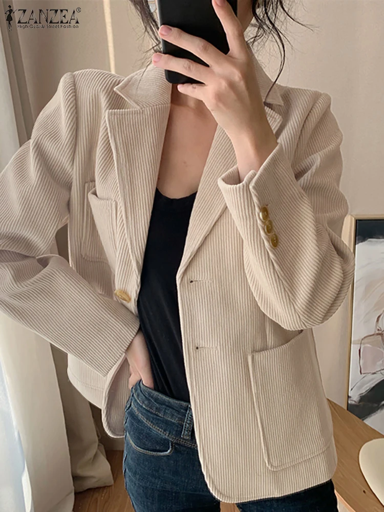 

ZANZEA Autumn Corduroy Casual Blazer Women Elegant OL Workplace Suit Jackets Fashion Notched Collar Long Sleeve Blazer Coats