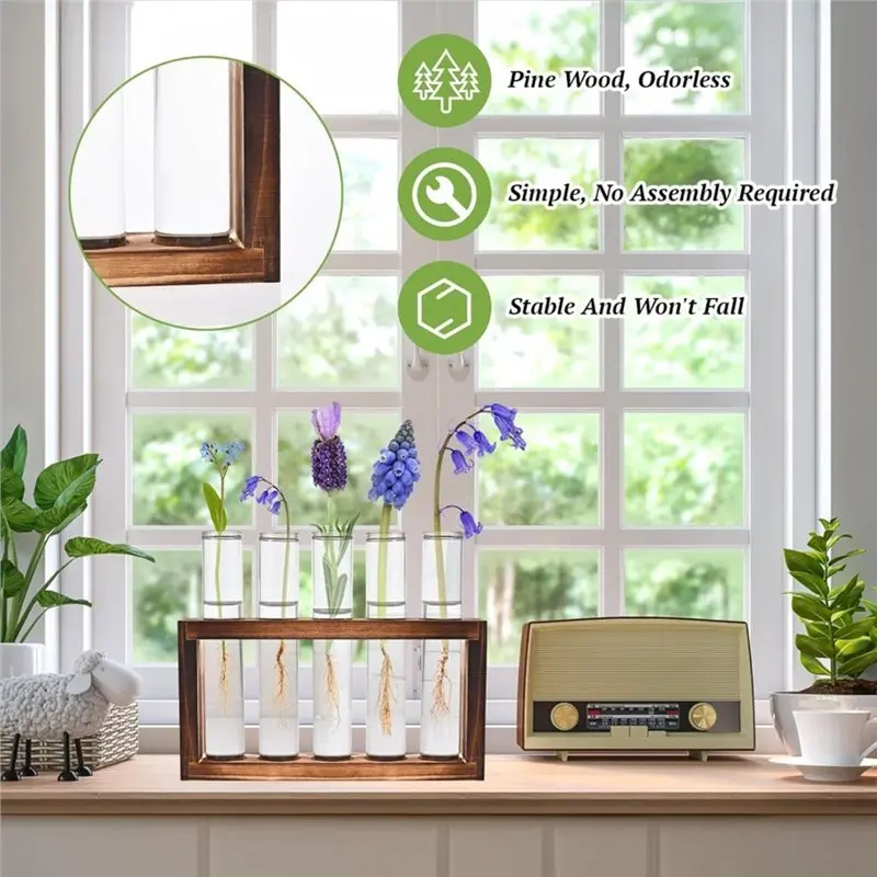 B84B-5 Tubes Wall Hanging Hydroponic Hydroponic Plant Propagation Glass Vase Glass Vase With Wooden Stand For Office Wall