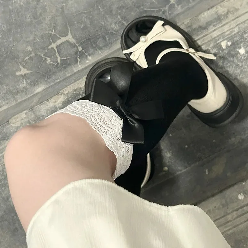 양말 여성 레이스 리본 로리타 귀여운 중간 길이 흰색 양말 달콤한 JK 소녀 검정 스타킹
