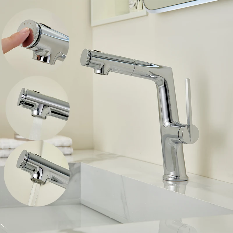 Bathroom Pull Down Sink Faucets Deck Mounted 3 Modes Basin Sink Faucet Single Handle Hot and Cold Mixer Taps Chrome