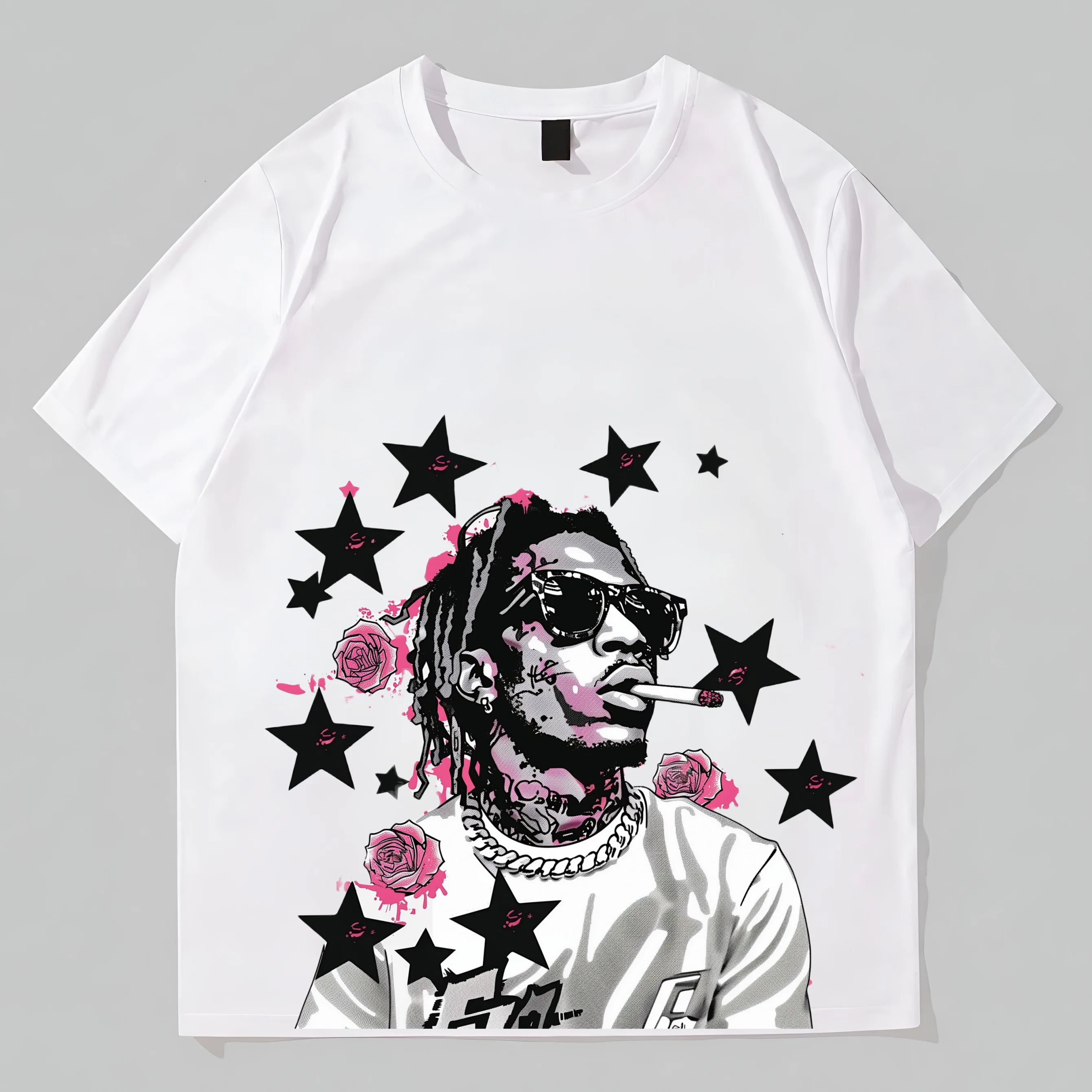 

Teevo Men's Short Sleeve T-Shirt with Star and Floral Artwork Print for Casual Wear