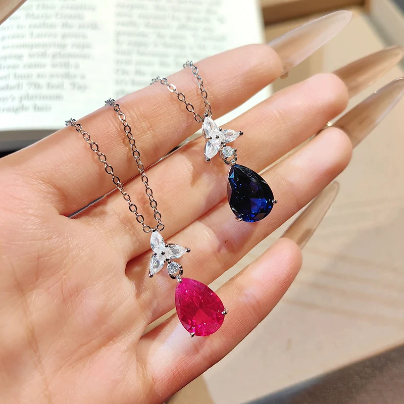Fashion luxurious Blue Crystal Droplet Pear Shaped Necklace Simple Versatile 925 Silver Necklace for Women Gift KOFSAC
