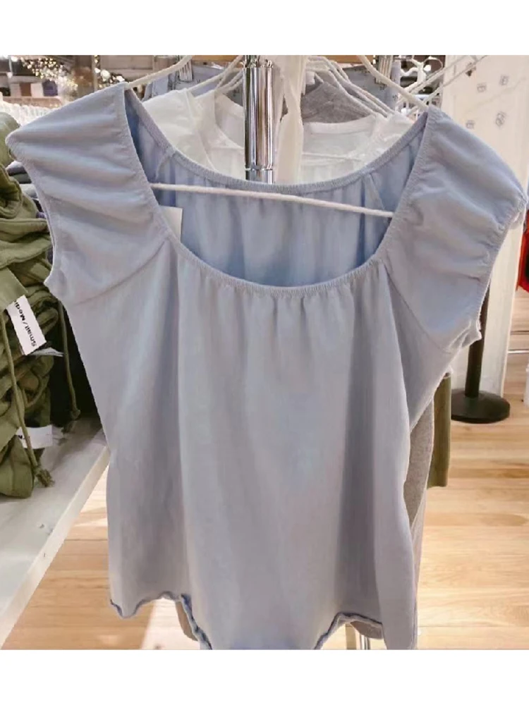 

Sweet Solid Ruffles T-Shirts Women Summer Vintage Square Collar Cotton Short Sleeve T Shirt Female Casual Simple Slim Y2k Tops