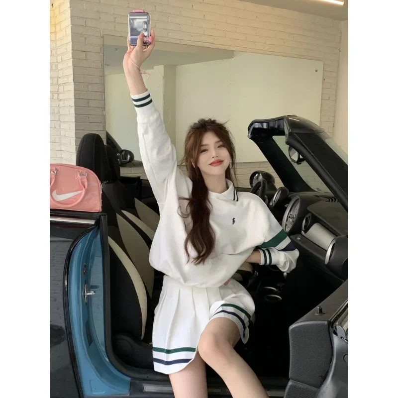 طقم رياضي كاجوال مكون من قطعتين تنورة قصيرة سويت شيرت أنيق مخطط Preppy Sweet Spicy Girl موضة ربيع الخريف #5