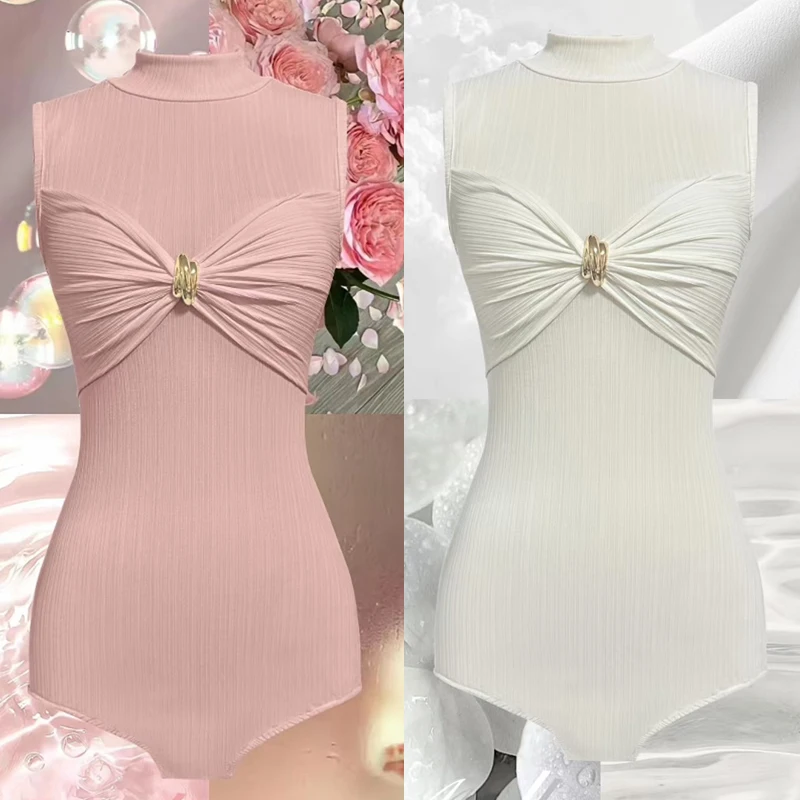 

Pink White Salsa Latin Dance Bodysuit Women'S Sleeveless Ballroom Dance Tops Adults Chacha Latin Dance Practice Tops SL13274