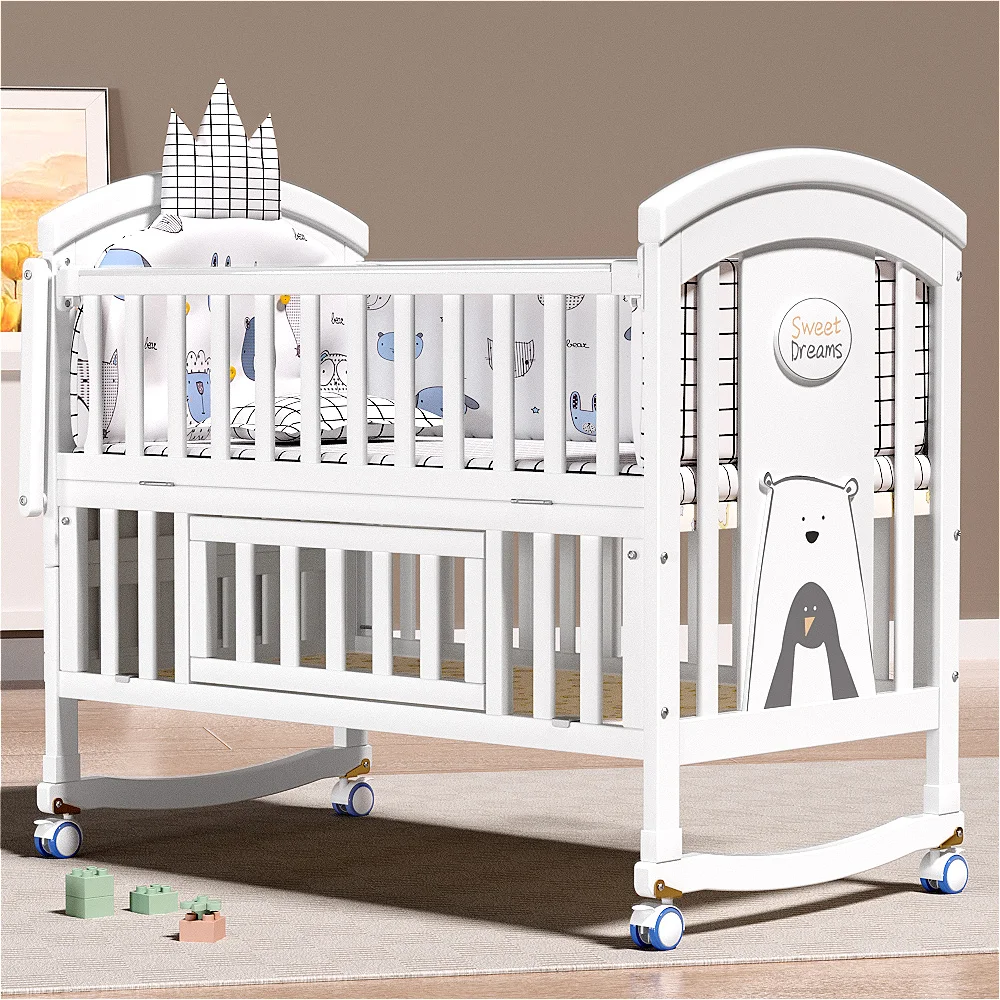 3 in 1 European Style Multifunction White Solid Pine Baby Cot Bed Comfortable Baby Bed With Baby Bedding Set