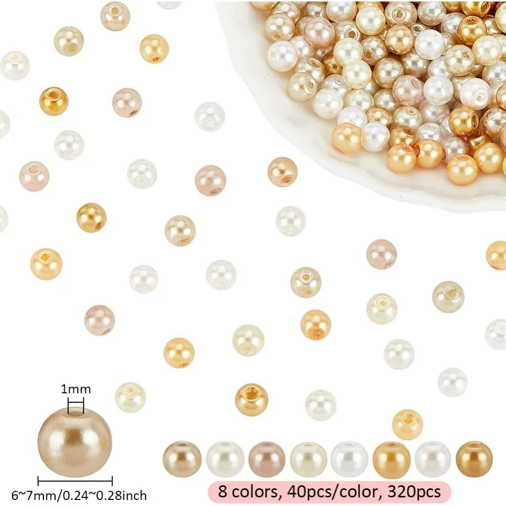 320pcs 6mm Glass Pearl Beads 8 Champagne Color Series Pearl Beads, Round Pearl Craft Beads Pearlized Loose Spacer Beads for DIY