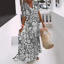 2024 Summer Bohemian Pattern Print Maxi Dress Women Casual Loose V-neck Short Sleeve Holiday Beach Dresses Long Dress Vestidos