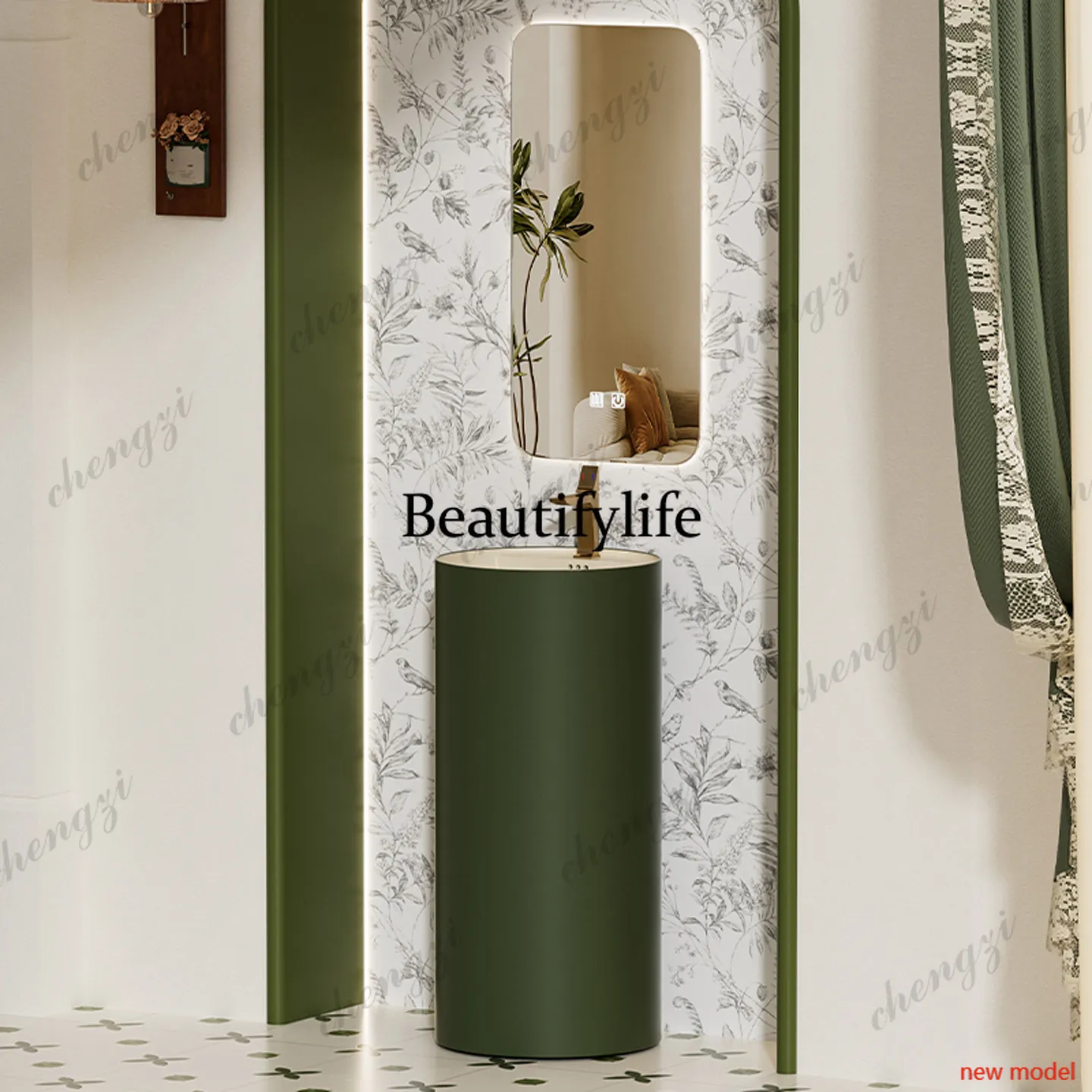 European style, bathroom floor-to-ceiling washbasin integrated ceramic column type hand washing, round column basin