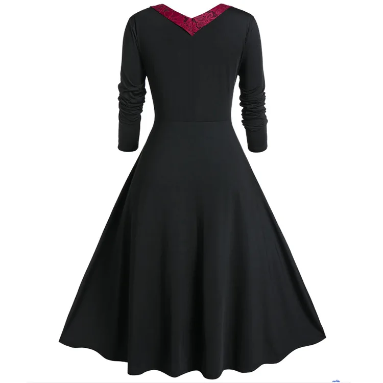 2023 lente nieuwe collectie kanten patchwork jurk met lange mouwen, halflange patchwork taille avondjurk