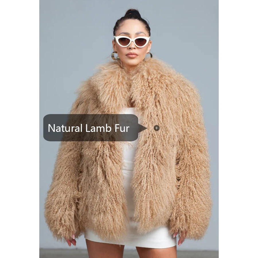 Real Fur Coat Women Mongolian Fur Coat Lapel Natural Sheepskin Fur Jacket 2024 New Fashion Winter Brown Curly Lamb Fur Coat