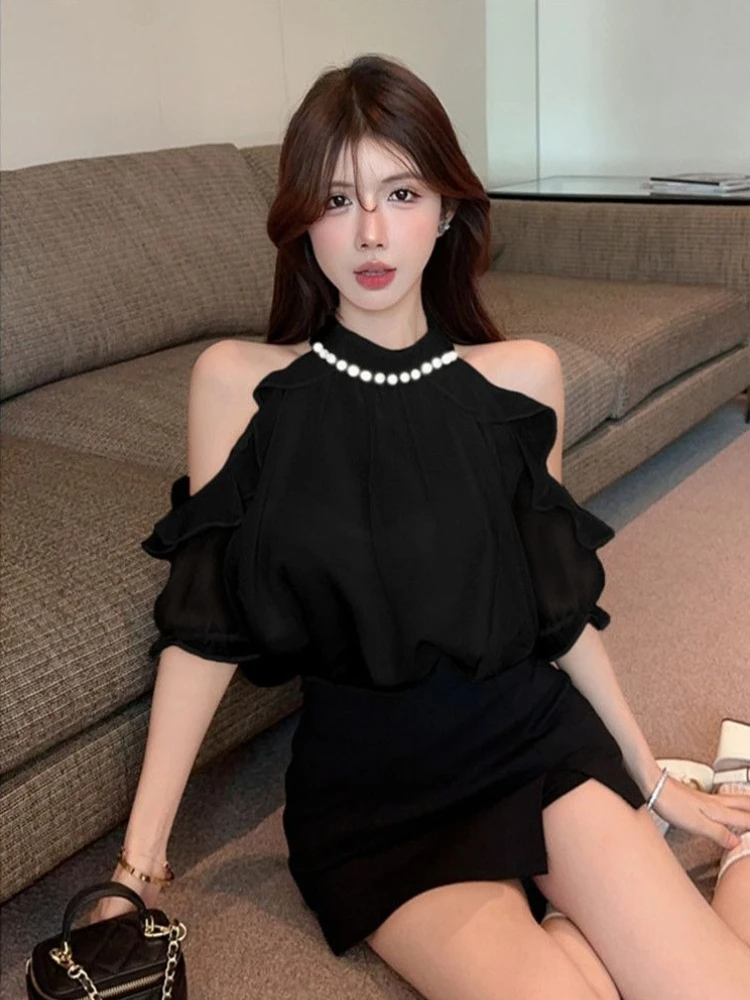 

Элегантная женская блузка из шифона с открытыми плечами, вышивкой бисером, пышными рукавами и рюшами, летний топ