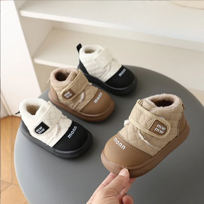 2024 Winter New Korean Children's Diamond Grid Cotton Boots Fashion Little Girls' Velvet Warm Sneakers Men's Boots