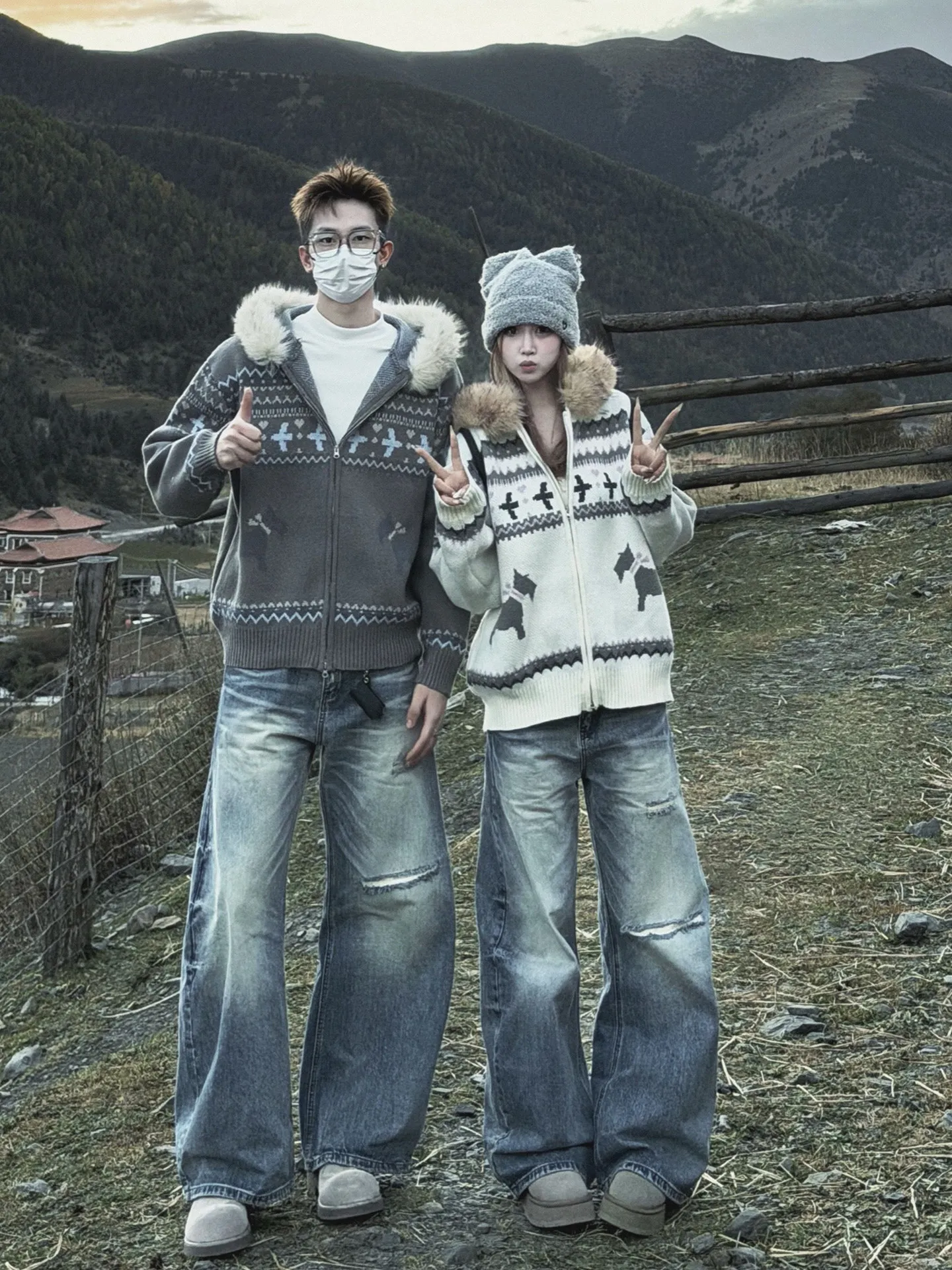 

American Retro Knitted Sweater with Fur Collar Autumn Winter New High Street Unique Hooded Versatile Couple Outerwear Trendy