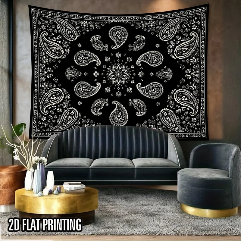 Boho Paisley Wall Tapestry, Black White Floral Mandala Pattern, Vintage Ethnic Scene Wall Hanging for Room Wall Art Decor