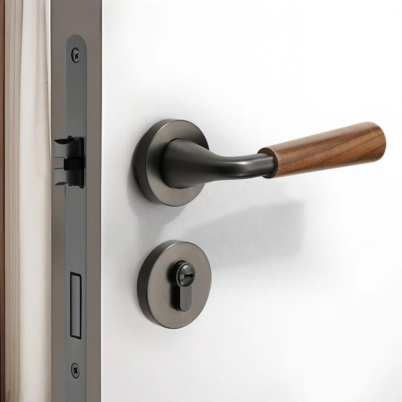 Walnut Wooden Silent Door Lock Handle Simple Indoor Retro Style Security Door Lock for Bedroom Room Household with Keys