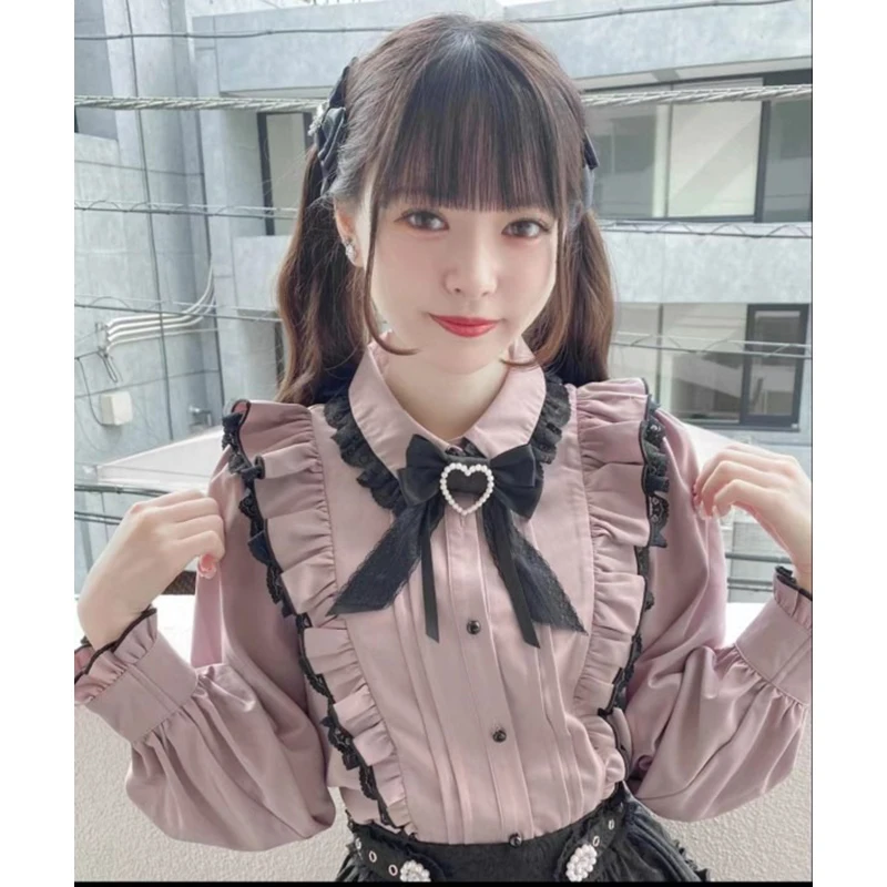 Kawaii Women Shirts Lolita Y2K Cute Japanese Style Blouse Elegant Long Sleeve Sweet Tops Casual Office Ladies Aesthetic Shirt