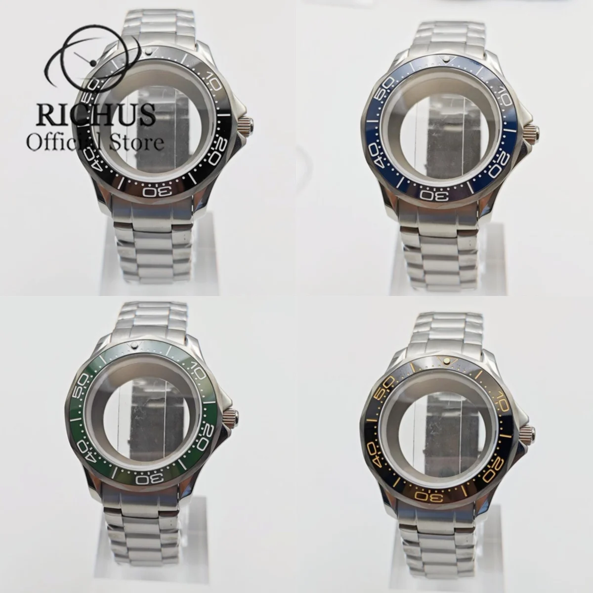 RICHUS 41mm Sapphire Glass Silver Watch Case 38mm Ceramic Bezel Fit NH35 NH36 ETA2836 Miyota82 Series Movement