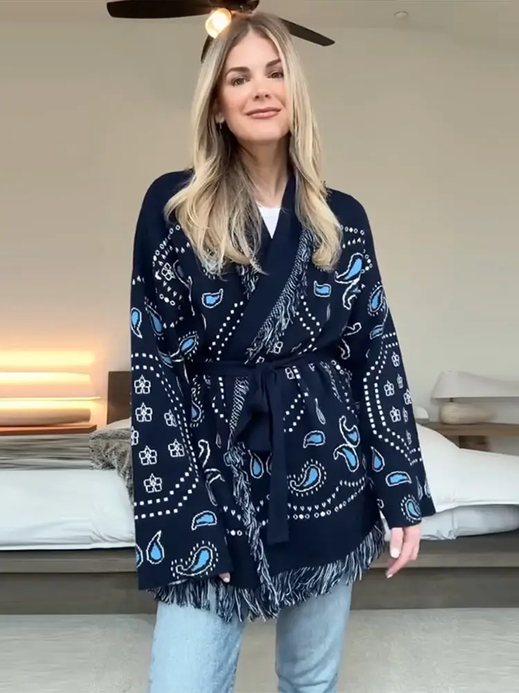 2026 Autumn Winter Elegant Print Tassel Cardigan Women Belt V-neck Long Sleeve Loose Knitted Sweaters Female Chic Knitwears New