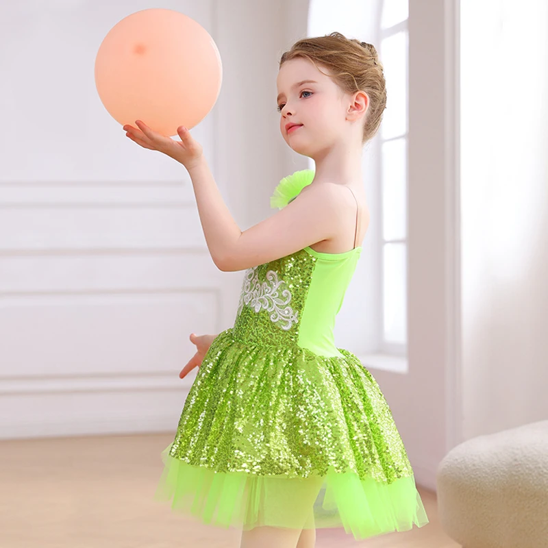Robe de danse de Ballet à paillettes pour filles, asymétrique épaule dénudée, en Tulle, à volants, avec nœud décoratif, robe Tutu colorée pour spectacle de fête