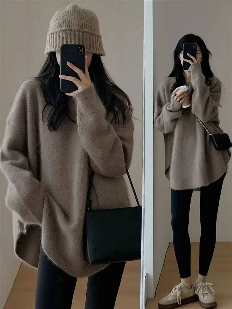 Women Loose Cashmere Sweater Korean Mid Length Knitwear Vintage French Solid Oversized Pullover Autumn Winter Turtleneck Sweater