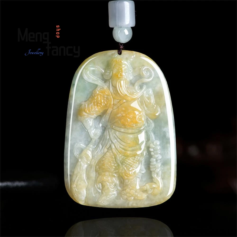 Natural A-goods Jadeite Wu Shen Guan Gong Jade Pendant Pendant Burnt Yellow Craft Glutinous Species Jade Pendant Men's Necklace