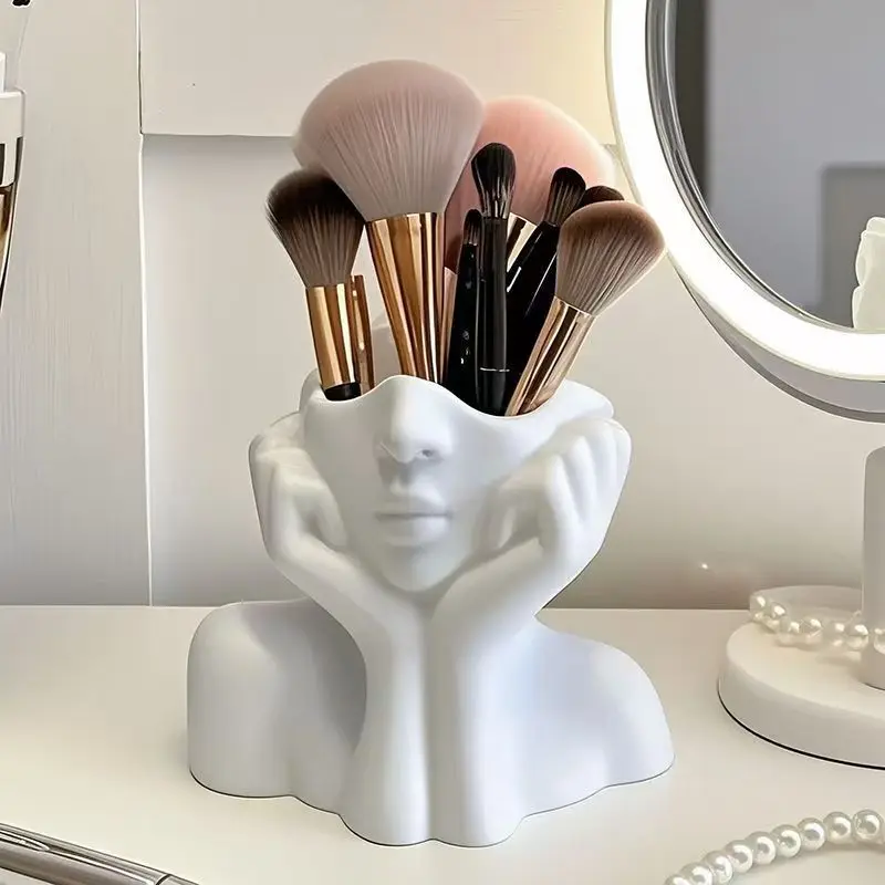 Ins Style Abstract Face Pen Holder Ornament Artistic Office Desktop Decor Rack Makeup Storage Cylinder For Tabletop Decoration