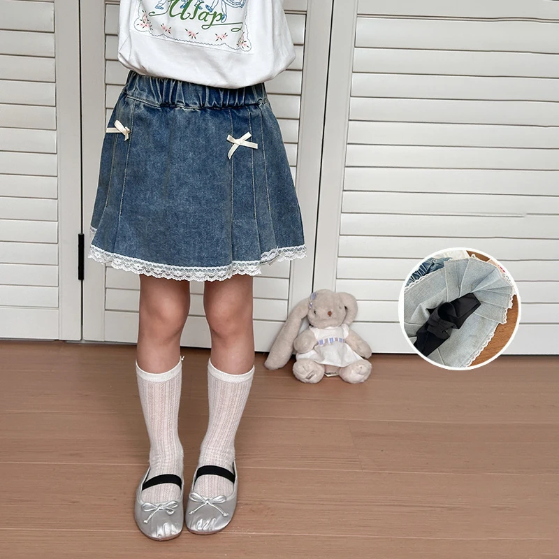 

Girl Skirt Children Wear 2024 Summer Bow Denim Skirt Girls Korean Style Skirts Sweet Lace Pleated Skirts Baby Girl Blue Dress