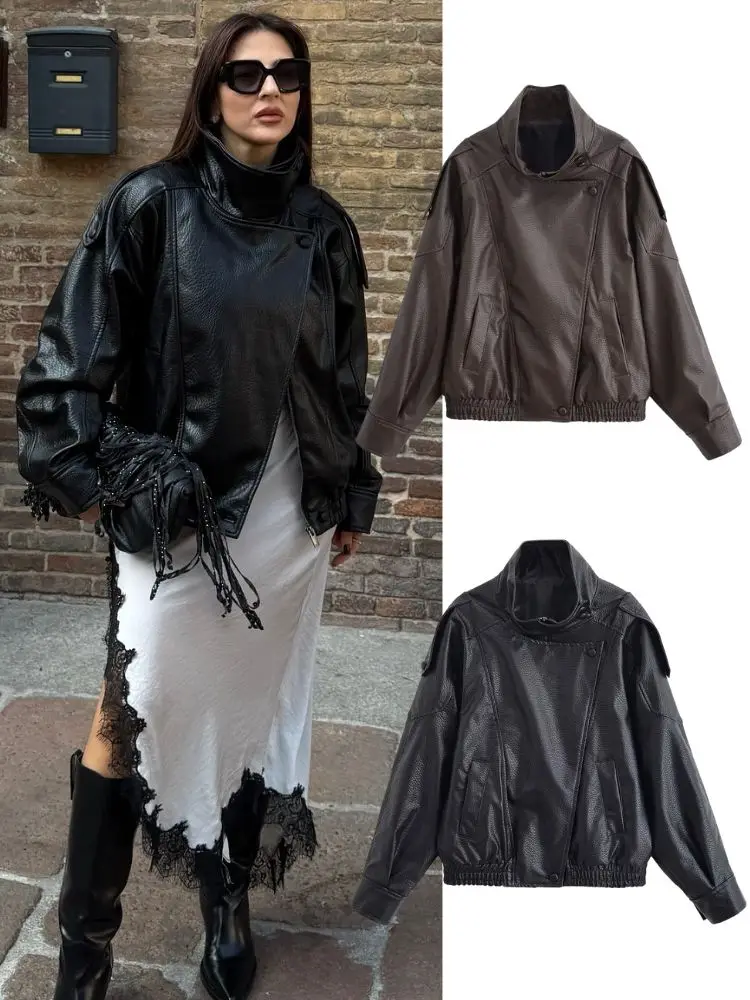 

HH зимние женские куртки-бомберы из искусственной кожи 2025 винтажные свободные пальто с длинными рукавами и воротником-стойкой на молнии женская уличная одежда