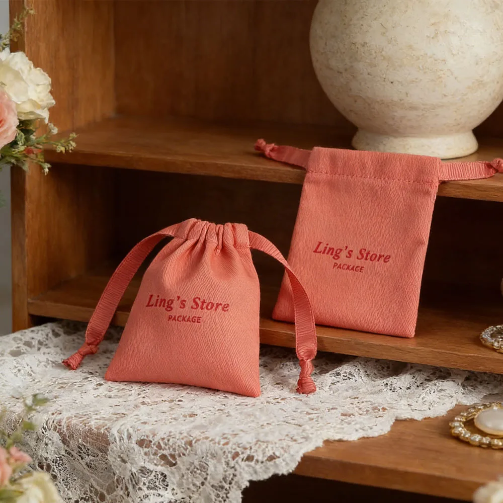 50 Personalized Cotton Velvet Jewelry Pouches 10A Thick Canvas Pouch Bags with Ribbon Drawstring Bags Printed Jewelry Packaging