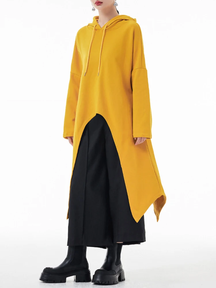 EAM Yellow Irregular Midi Sweatshirt New Hooded Drawstring Long Sleeve Women Big Size Fashion Tide Spring Autumn 2023 1DH3876